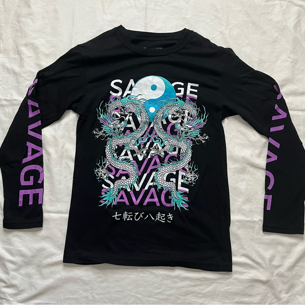 Ying Yang Asian Dragon Long Sleeve T-Shirt Size S Fresh Laundry